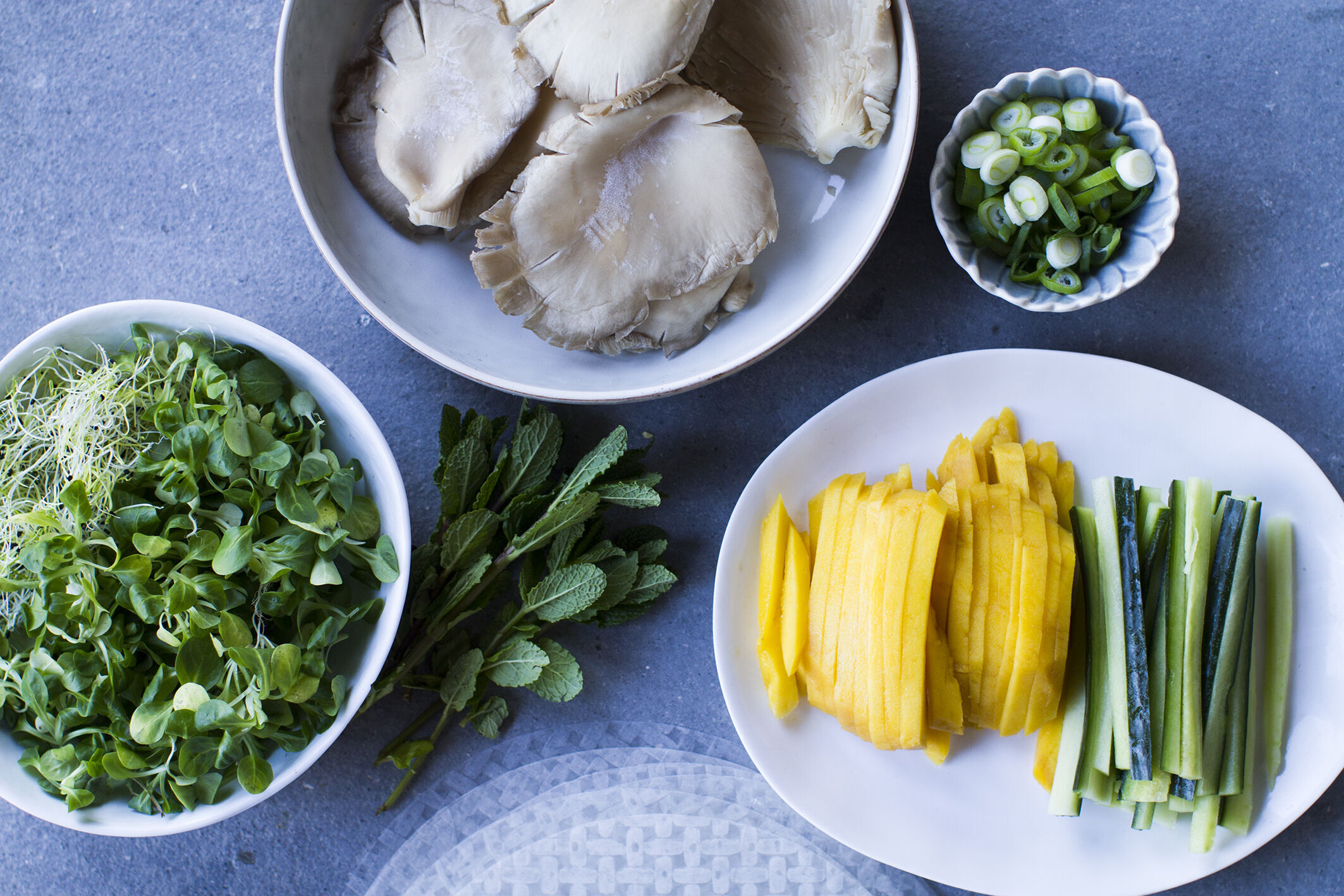 Summer rolls with oyster mushroom, mango & lime-soy dressing